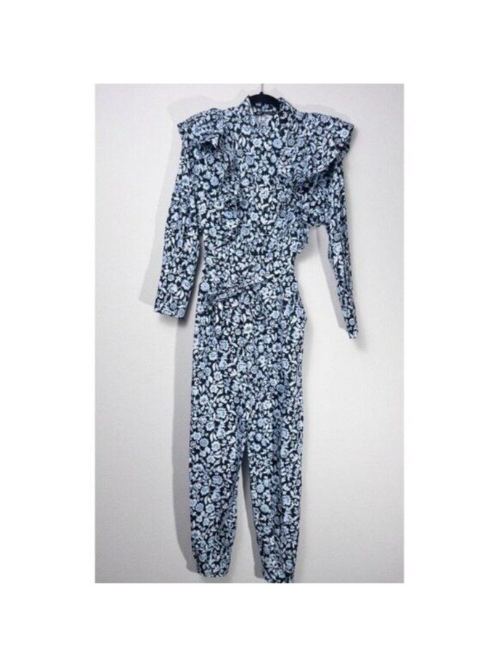 Zara Floral Poplin Ruffle Jumpsuit XS Blue Belted SS20 Blogger Fav TRF Cotton - Picture 4 of 15